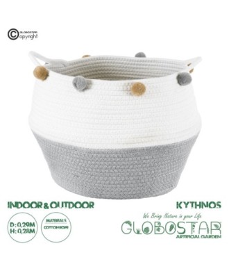 GloboStar® Artificial Garden KYTHNOS 20314 Διακοσμητικό Πλεκτό Καλάθι - Κασπώ Γλάστρα - Flower Pot Γκρι με Λευκό Φ29cm x Υ28cm